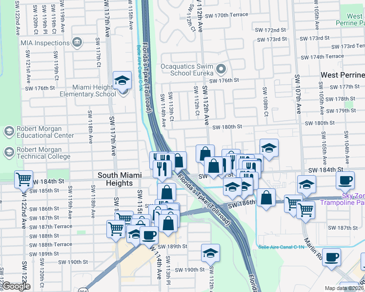 map of restaurants, bars, coffee shops, grocery stores, and more near 11261 Southwest 181st Terrace in Miami