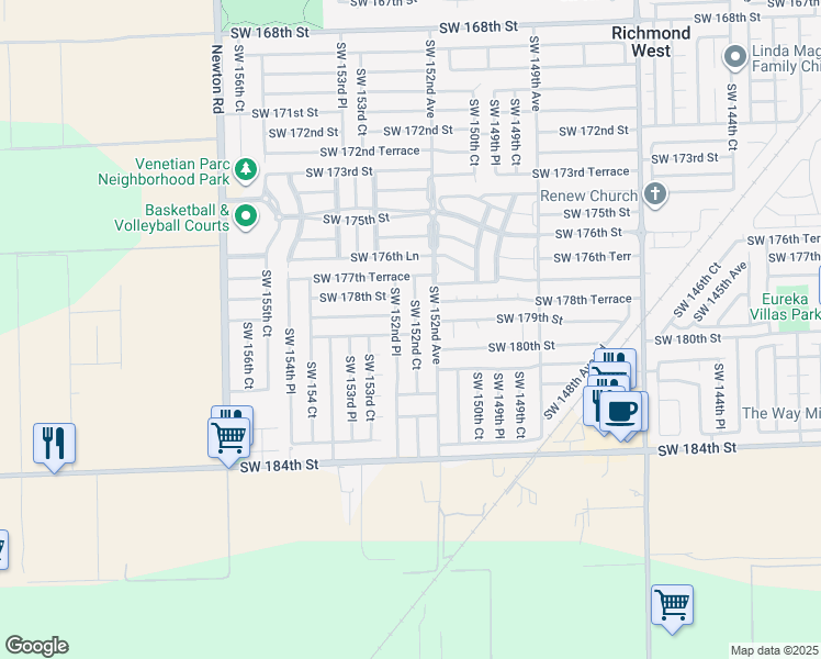map of restaurants, bars, coffee shops, grocery stores, and more near 17912 Southwest 152nd Court in Miami