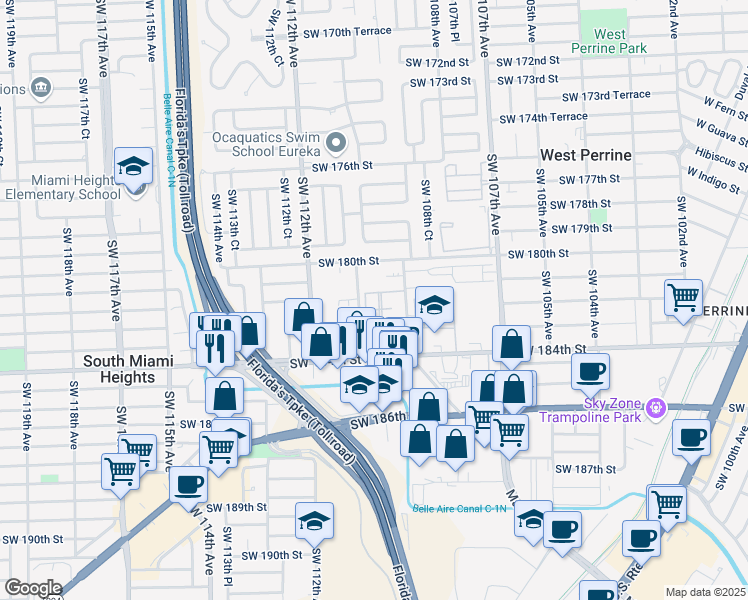 map of restaurants, bars, coffee shops, grocery stores, and more near 18122 Southwest 109th Place in Miami