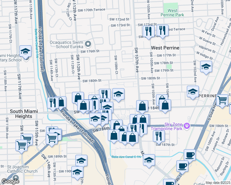 map of restaurants, bars, coffee shops, grocery stores, and more near 10892 Southwest 181st Terrace in Palmetto Bay