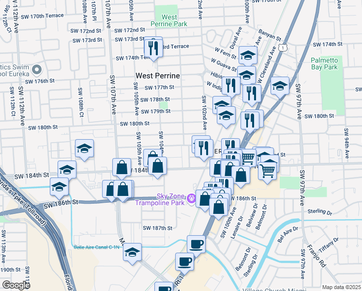 map of restaurants, bars, coffee shops, grocery stores, and more near 10357 Southwest 182nd Street in Miami