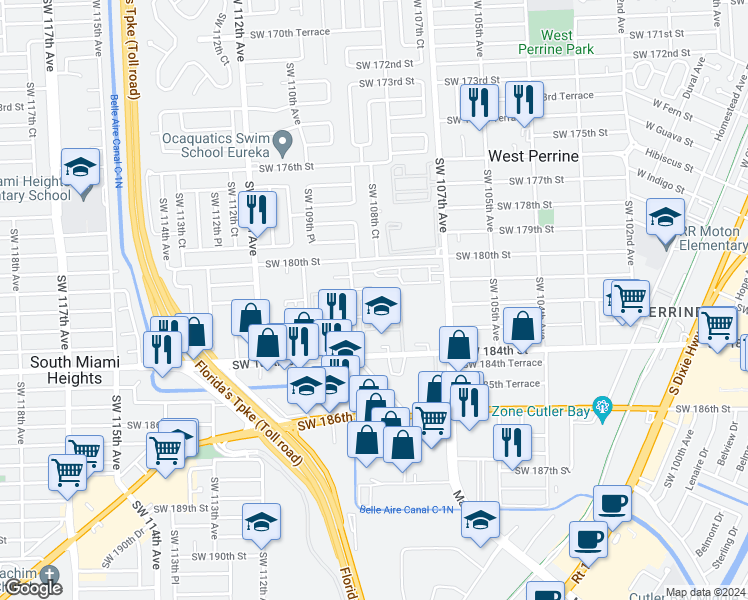 map of restaurants, bars, coffee shops, grocery stores, and more near 10892 Southwest 181st Terrace in Palmetto Bay
