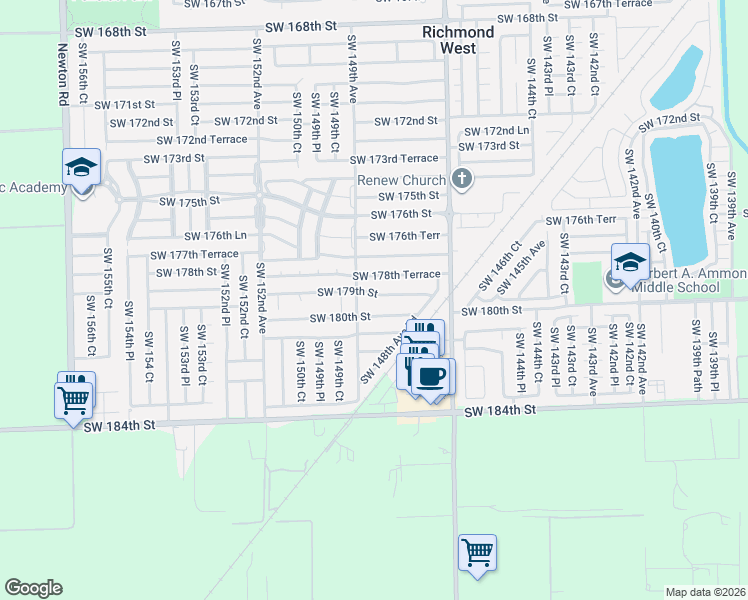 map of restaurants, bars, coffee shops, grocery stores, and more near 14856 Southwest 179th Street in Miami