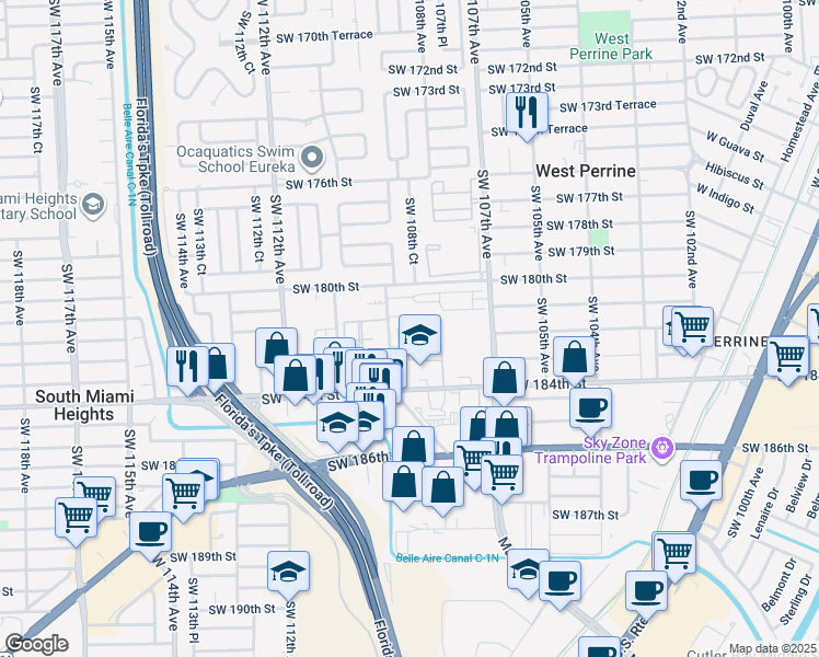 map of restaurants, bars, coffee shops, grocery stores, and more near 10892 Southwest 181st Terrace in Palmetto Bay