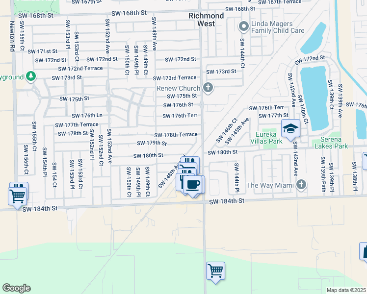 map of restaurants, bars, coffee shops, grocery stores, and more near 14780 Southwest 179th Street in Miami