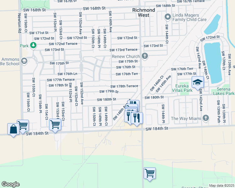 map of restaurants, bars, coffee shops, grocery stores, and more near 14856 Southwest 179th Street in Miami