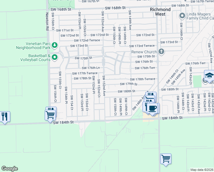 map of restaurants, bars, coffee shops, grocery stores, and more near 17900 Southwest 151st Court in Miami