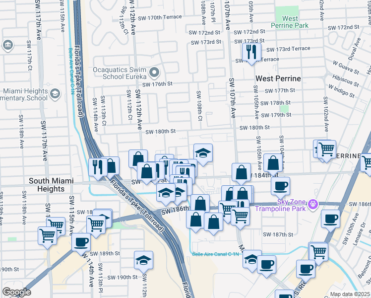 map of restaurants, bars, coffee shops, grocery stores, and more near 10892 Southwest 181st Terrace in Palmetto Bay