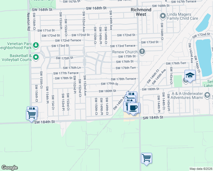 map of restaurants, bars, coffee shops, grocery stores, and more near 14923 Southwest 179th Street in Miami
