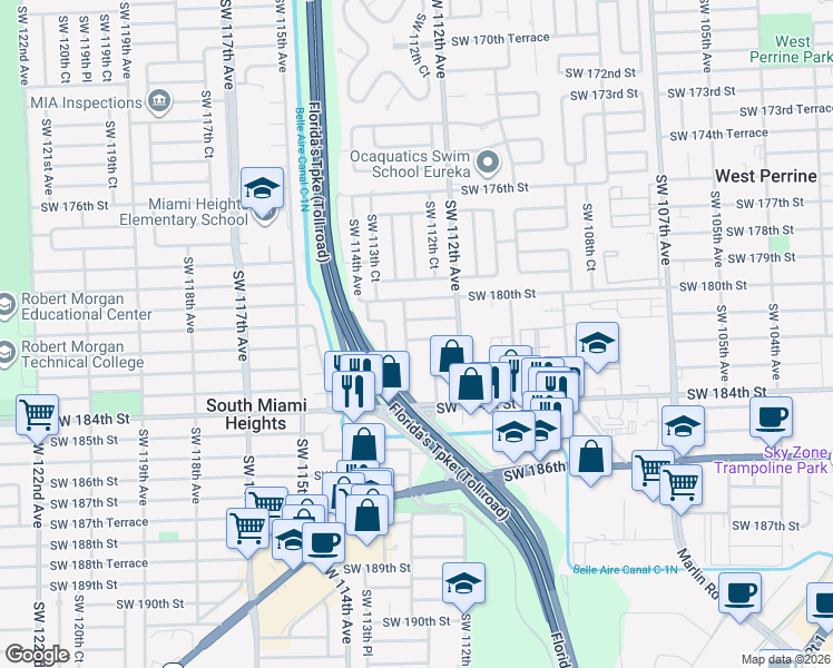 map of restaurants, bars, coffee shops, grocery stores, and more near 11261 Southwest 181st Terrace in Miami