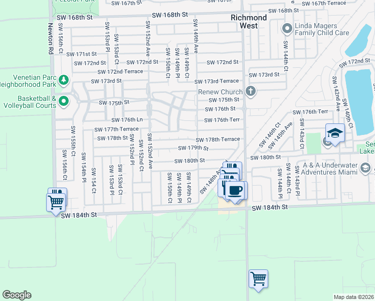map of restaurants, bars, coffee shops, grocery stores, and more near 14923 Southwest 179th Street in Miami