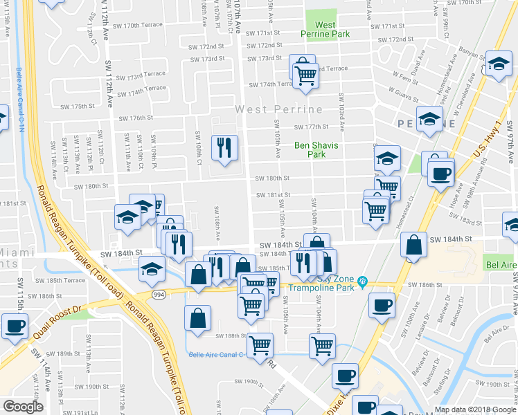 map of restaurants, bars, coffee shops, grocery stores, and more near 10653 Southwest 182nd Street in Miami