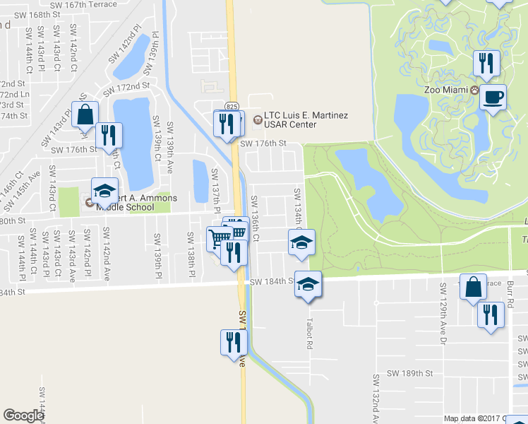 map of restaurants, bars, coffee shops, grocery stores, and more near 18010 Southwest 136th Avenue in Miami