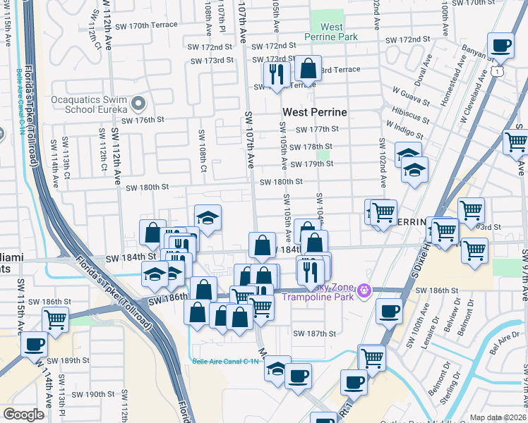 map of restaurants, bars, coffee shops, grocery stores, and more near 10653 Southwest 182nd Street in Miami