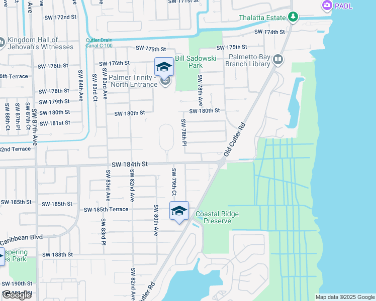 map of restaurants, bars, coffee shops, grocery stores, and more near 18245 Southwest 78th Place in Palmetto Bay