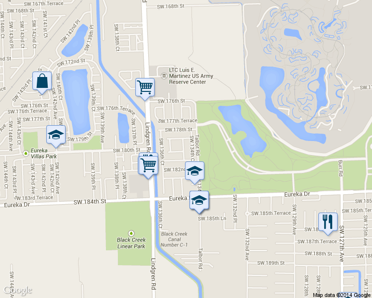 map of restaurants, bars, coffee shops, grocery stores, and more near 18013 Southwest 135th Avenue in Miami