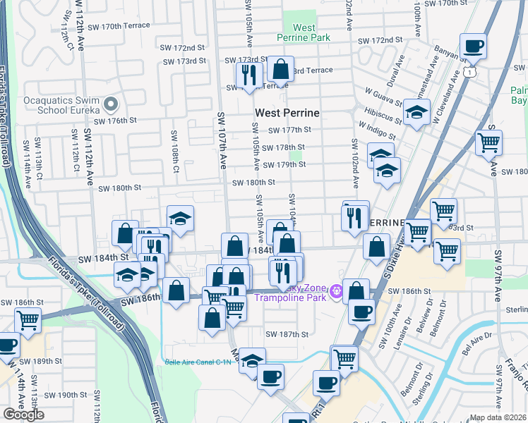 map of restaurants, bars, coffee shops, grocery stores, and more near 18155 Southwest 105th Avenue in Miami