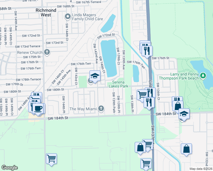 map of restaurants, bars, coffee shops, grocery stores, and more near 14116 Southwest 179th Terrace in Miami