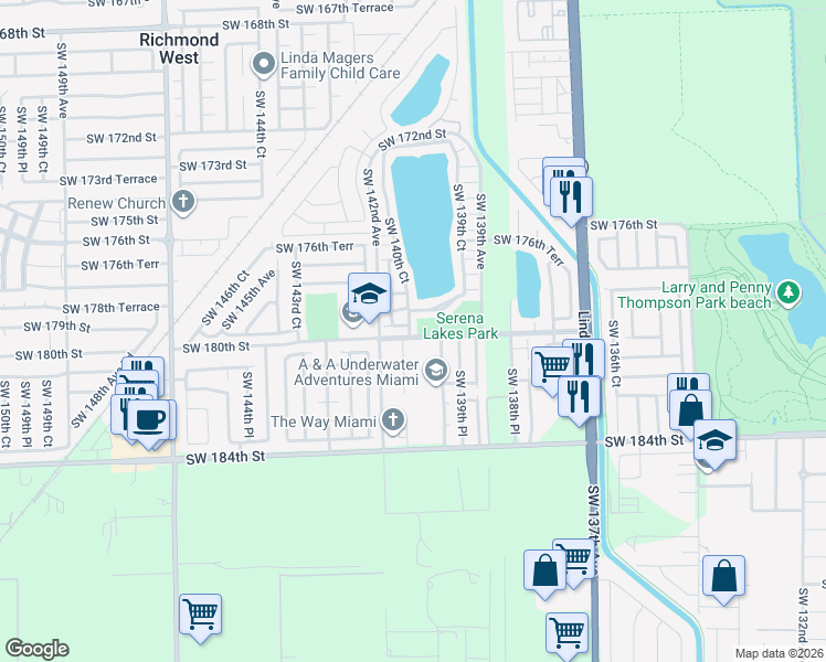 map of restaurants, bars, coffee shops, grocery stores, and more near 14116 Southwest 179th Terrace in Miami
