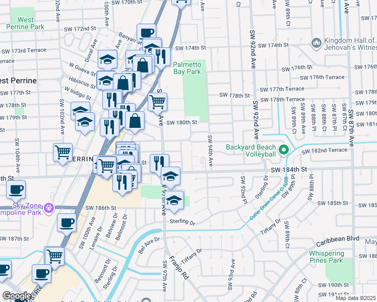 map of restaurants, bars, coffee shops, grocery stores, and more near 18212 Southwest 94th Court in Palmetto Bay