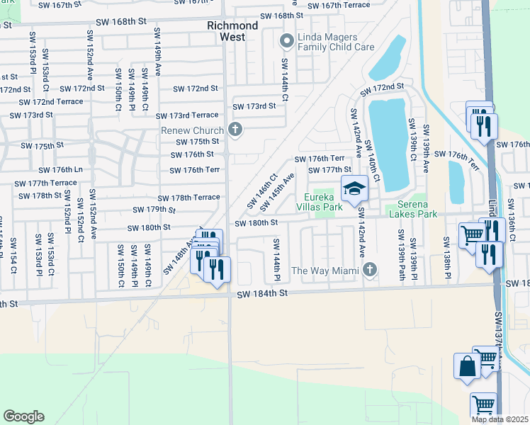 map of restaurants, bars, coffee shops, grocery stores, and more near 17934 Southwest 144th Court in Miami