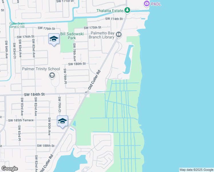 map of restaurants, bars, coffee shops, grocery stores, and more near Southwest 184th Street in Palmetto Bay