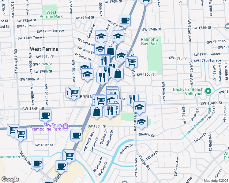 map of restaurants, bars, coffee shops, grocery stores, and more near 18180 Southwest 98th Avenue in Palmetto Bay