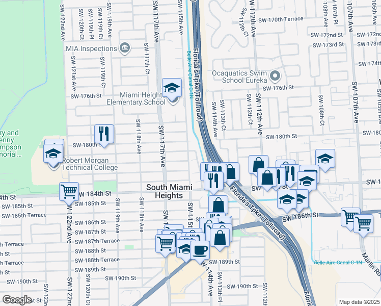 map of restaurants, bars, coffee shops, grocery stores, and more near 11482 Southwest 181st Street in Miami