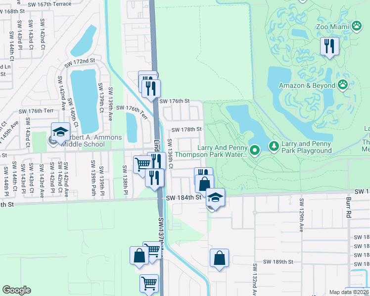map of restaurants, bars, coffee shops, grocery stores, and more near 18010 Southwest 136th Avenue in Miami
