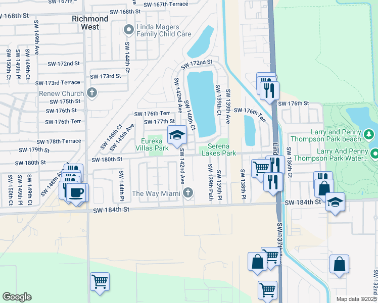 map of restaurants, bars, coffee shops, grocery stores, and more near 14116 Southwest 179th Terrace in Miami