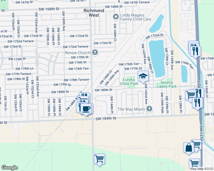 map of restaurants, bars, coffee shops, grocery stores, and more near 17934 Southwest 144th Court in Miami