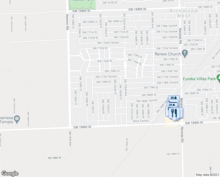 map of restaurants, bars, coffee shops, grocery stores, and more near 15316 Southwest 178th Terrace in Miami