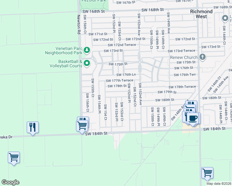 map of restaurants, bars, coffee shops, grocery stores, and more near 15396 Southwest 178th Terrace in Miami