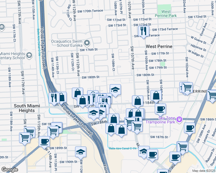 map of restaurants, bars, coffee shops, grocery stores, and more near 10892 Southwest 181st Terrace in Palmetto Bay