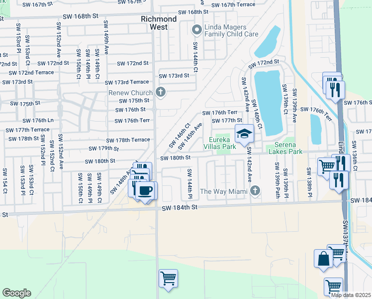 map of restaurants, bars, coffee shops, grocery stores, and more near 17934 Southwest 144th Court in Miami