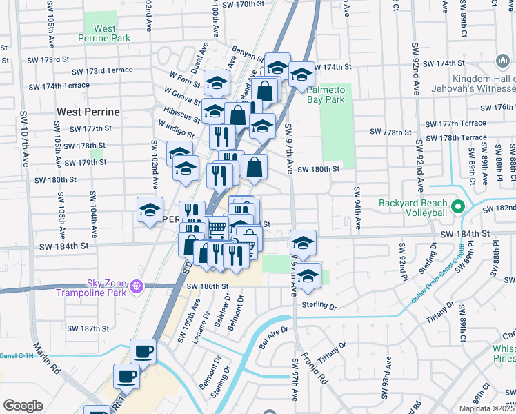 map of restaurants, bars, coffee shops, grocery stores, and more near 18180 Southwest 98th Avenue in Palmetto Bay