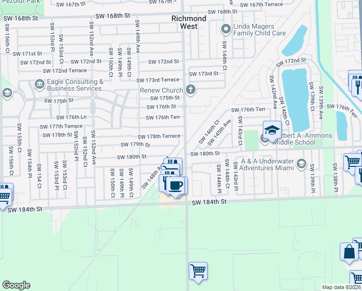 map of restaurants, bars, coffee shops, grocery stores, and more near 17885 Southwest 147th Court in Miami