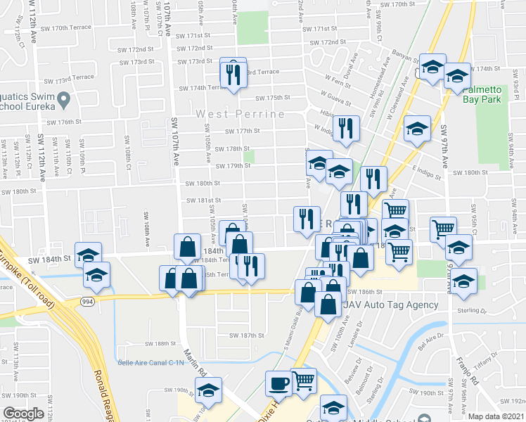 map of restaurants, bars, coffee shops, grocery stores, and more near 10357 Southwest 182nd Street in Miami