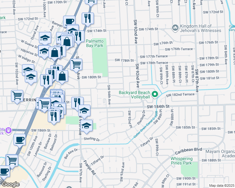 map of restaurants, bars, coffee shops, grocery stores, and more near 9343 Southwest 182nd Street in Palmetto Bay