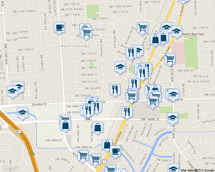 map of restaurants, bars, coffee shops, grocery stores, and more near 10271 Southwest 182nd Street in Miami