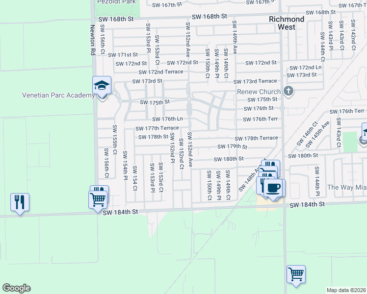 map of restaurants, bars, coffee shops, grocery stores, and more near 17902 Southwest 152nd Court in Miami