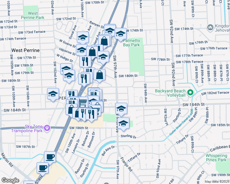map of restaurants, bars, coffee shops, grocery stores, and more near 9735 Southwest 182nd Street in Palmetto Bay