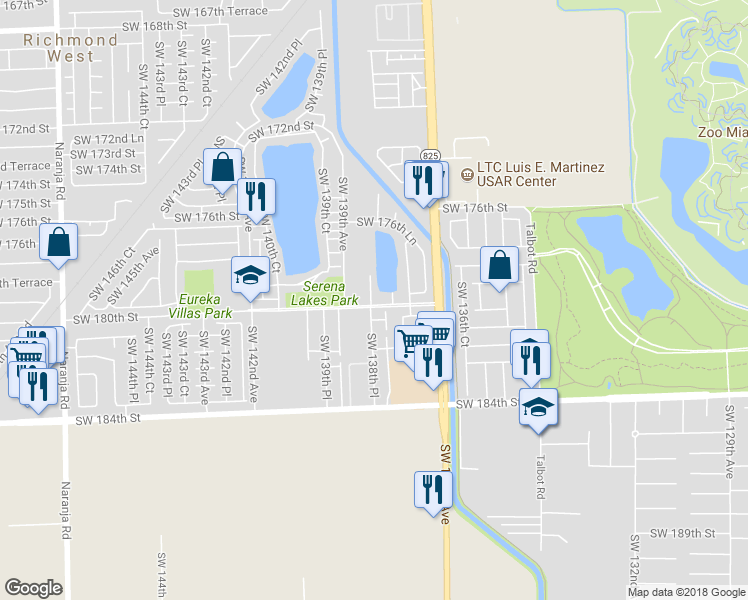 map of restaurants, bars, coffee shops, grocery stores, and more near 17955 Southwest 138th Court in Miami
