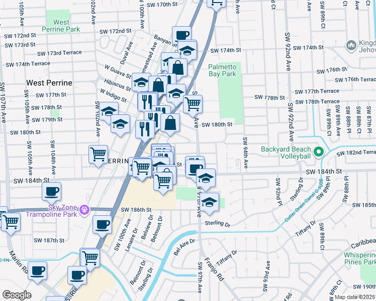 map of restaurants, bars, coffee shops, grocery stores, and more near 9735 Southwest 182nd Street in Palmetto Bay