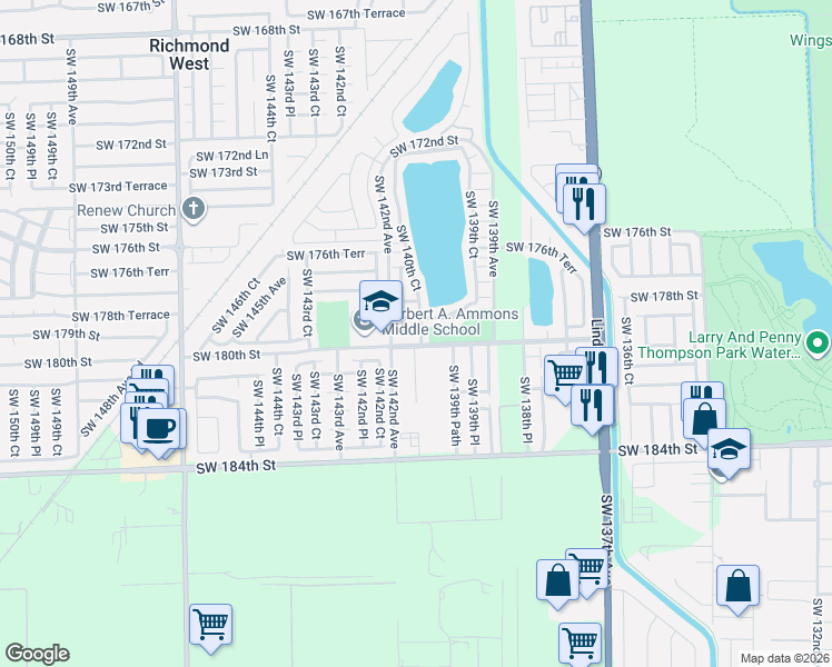 map of restaurants, bars, coffee shops, grocery stores, and more near 7135 Southwest 179th Street in Miami