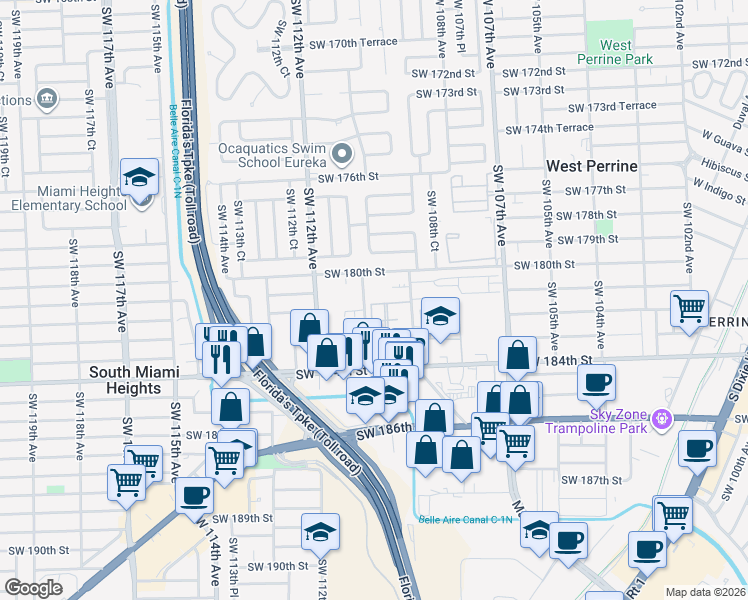 map of restaurants, bars, coffee shops, grocery stores, and more near 18122 Southwest 109th Place in Miami