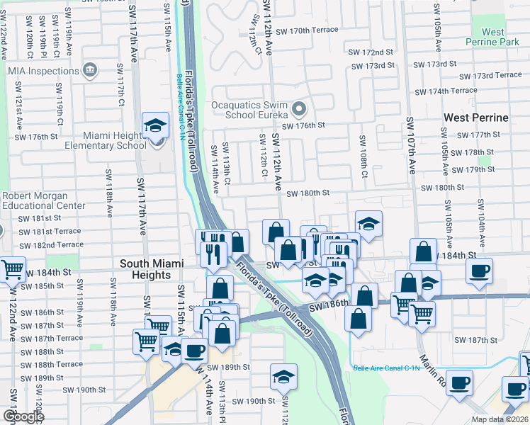 map of restaurants, bars, coffee shops, grocery stores, and more near 11201 Southwest 181st Terrace in Miami