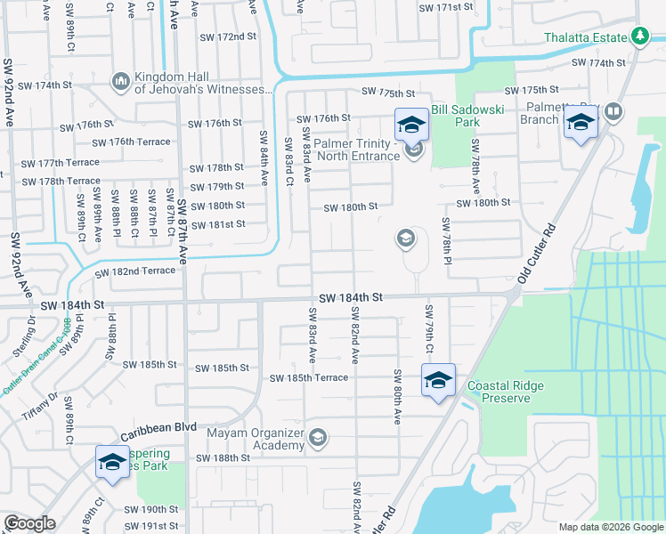 map of restaurants, bars, coffee shops, grocery stores, and more near 8241 Southwest 183rd Street in Palmetto Bay