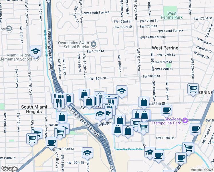 map of restaurants, bars, coffee shops, grocery stores, and more near 18122 Southwest 109th Place in Miami