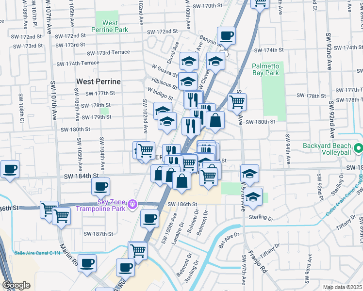map of restaurants, bars, coffee shops, grocery stores, and more near 18210 South Dixie Highway in Miami